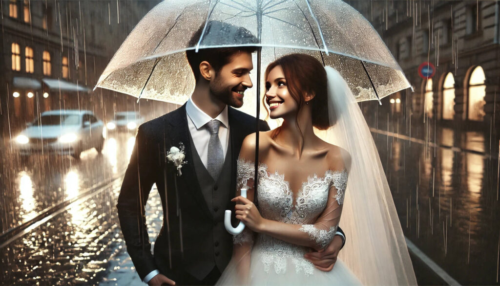 Свадебная фотосессия во время дождя под зонтиками